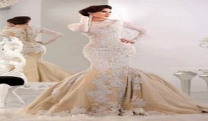 Islamskie muzułmańskie sukienki ślubne Suknie ślubne Wysokie szyję Lase Applique Champagne Vestidos de novia skromne formalne suknie ślubne 9280961