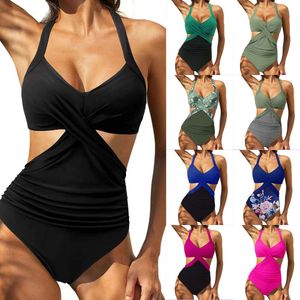 Women's Swimwear New one-piece swimsuit with multi-color printed patchwork one-piece cross over swimsuit hollowed out sexy leaky back swimsuit