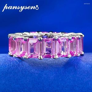 Anelli a grappolo Pansysen 925 Sterling Silver 4x6mm Emerald Cut Pink Sapphire Gemstone Ring per donne 18K festa di matrimonio in oro bianco placcato