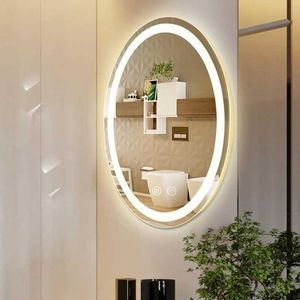 Kompakta speglar Oval LED Badrums toalettbord Makeup Mirror - Intelligent väggmonterad anti -dim Dimble 3 Light Seting Frameless Touch -knapp Q240509