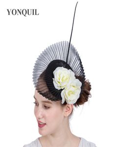 Высококачественное черное свадебное свадебное увлечение Sinamay Base Fearting Hat с окном с слоновой костью шелк с высоким прическом для волос.