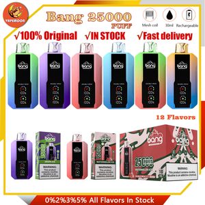 Tela original Bang LCD 25000 Puffs Vape descartável com exibição digital Puff 20k Recarregável e cigarros bobina de malha dupla 0% 2% 3% 5% 12 cores Al Fakher 15k 12k 18k 18k