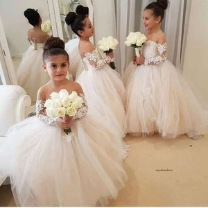 Illusion Puffy Lace Flor Flower Girl Dresses para casamentos vestidos de formatura Crianças de manga longa Vestido de comunhão de aniversário Z93 0510