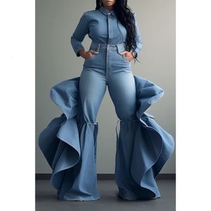 Plus Size Work Jean Blue Denim High Waist Side Ruffles Flare Leg 240510