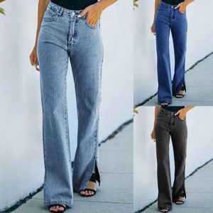 Frauen Jeans Jeans Denim für Frauen hohe Taille Split Saum Reißverschluss Hosen Tasche Weitbein Vintage Teen Girl