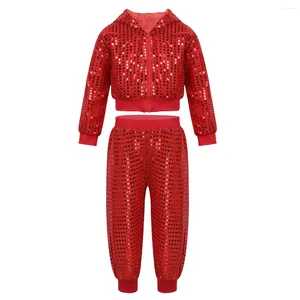 Clothing Sets Kids Boys Girls Jazz Hip-hop Street Dance Costume Shiny Sequins Hooded Coat Tops With Pants Disco Party Performance Dancewear