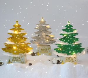 NewChristmas -dekorationer mini Desktop Christmas Tree Ornaments Shiny 3D Popup Card With Lights Xmas Decoration LLA91258276082