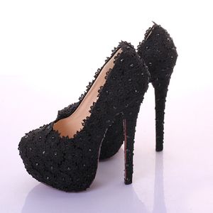 Super High Heel Bridesmaid Shoes Black Lace Rhinestone Bridal Wedding Shoes Beautiful Graduation Party Prom High Heels 3102