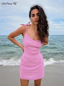 Casual Dresses Pink Vacation Cotton Linen Women Summer 2024 Sleeveless Pencil Straps Dress V-Neck Bodycon Ladies Mini