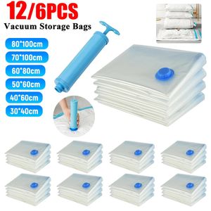 612PCS Hanging Vacuum Storage Bags Spacesaving Compression Bag with Hand Pump for Blankets Clothes Quilt Pack 240510