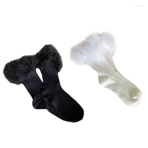 Women Socks Winter Ribbed Cotton Calf Harajuku Japanese Style Sweet Furry Fluffy Feather Mid Tube Stocking