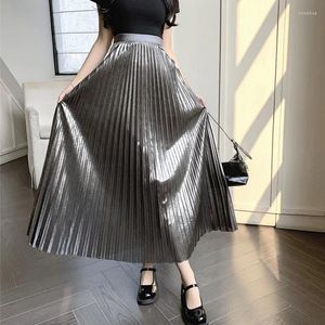 Saias Tigena Vintage Metal Color Maxi plissada Mulheres 2024 Primavera Verão All-Match Solid A Line High Long feminino