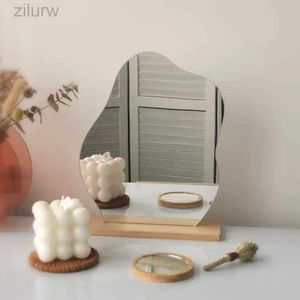 Compact Mirrors Frameless irregular dressing mirror acrylic cloud shaped makeup mirror with wooden bracket home decoration decorative mirror living room d240510