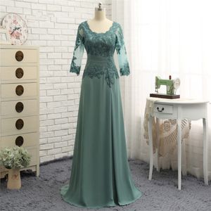 Setwell Draped Chiffon Mother of the Bride Abites Long Maniche in pizzo verde oliva una linea Madre dello sposo abito da sera personalizzati 203o