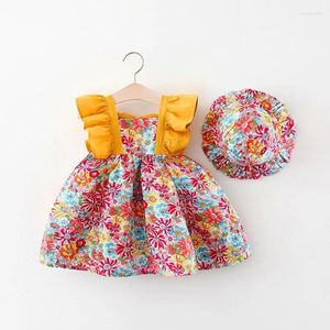 Mädchenkleidermädchenkleid und Hut 2/Stück Set für Sommermädchen, die bedruckte Farbblockierscheine mit Ärmelprinzessin tragen