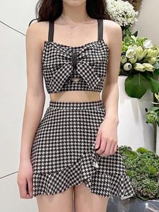 Women's Swimwear Sexy Korean Fashion Conservative Bow Swimsuit Two Pieces Houndstooth Crop Top With Ruffles Mini Skirt Bikinis Padded