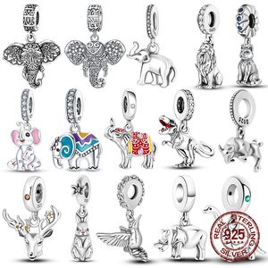 925 Silver Elephant Lion Rhinoceros Dinosaur Animal Charms Pärlor Passar originalarmband Fina DIY Julsmycken gåvor 240428