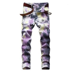 Mens Tie and Dye Stretch Denim Jeans Trendy Y2K Fancy Colored Purple Printed Pants Trousers 240509