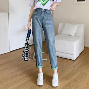 Frauen Jeans 2024 Modefarbe Kontrast Slouchy Baggy Women Hohe Taille Boyfriends Hosen Mädchen süß blau lous losen Haren