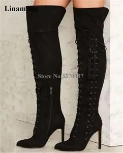 Boots Design Women Fashion Pointed Toe Suede Leather Stiletto Heel Over Knee Lace-up Black Tassels Long High