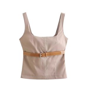 Ny designkvinnor khaki färgbälte dekoration ärmlösa tank tops smala midja väst xssml