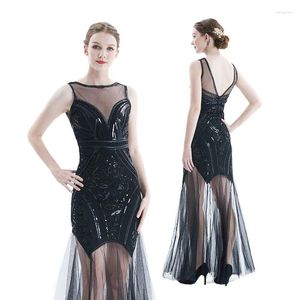 Casual Dresses Backless Mesh Splicing Dress 1920s Sexy Perspective Party Evening Longuette Great Gatsby Flapper ärmlös paljettväst kjol