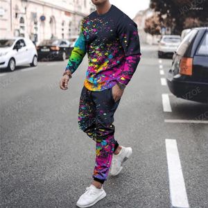 Herrespår på våren Spring Set Color Splashing Ink Print T-shirt Långärmad byxa Casual Streetwear 2-stycken kostym modekläder