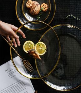 Altın kakma kenar cam gıda servis tabağı meyve tatlı kek salata tepsisi yemek makarna saklama konteyneri ana tabak batı sofra takımı 207579731