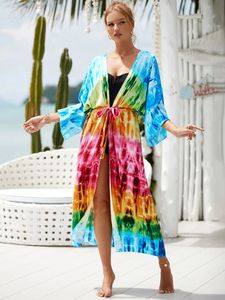 Sexig gradientfärg Bikini Coverups Kimono Pareo Tunic Dres kläder Summer Beach Wear Woman Badkläder Cover Up Robe 240426