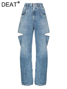 DEAT Fashion Womens Loose High midje breda ben denim byxor ihålig ut blå lång rak jeans sommar 2024 mode l2901h 240509