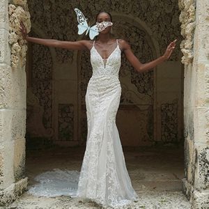 Fulllace Mermaid Wedding Suknia do złudzenia panny młodej Sheer Szyjka Koronkowa V Nakień na tylnej koraliki suknie ślubne do małżeństwa dla Nigerii Czarne kobiety