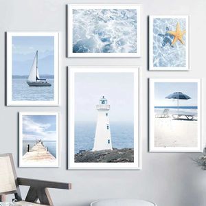 Ers Blue Sky Lighthouse Ocean Sailing Shell Shell Wall Art Nordic Poster dipinto e stampe Immagini da parete per decorazioni per soggiorno J240505