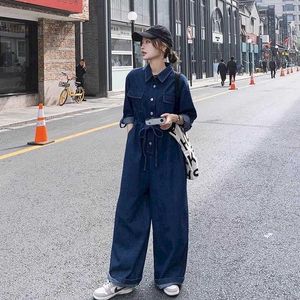 Kadın Tulumları Tulumlar Kadınlar İçin Tulumlar Uzun sürtünlü Polo-Neck gevşek Harajuku Düz Pantolon Günlük Denim iş kıyafetleri Kore tarzı Vintage Playsuits y240510