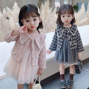 Kleidung Sets Baby Girls Elegatn Set Plaid Jacket Mesh Tutu Kleid Kinder Mädchen Frühling Herbst Mode Anzüge Kinder Birhtday Kleidung