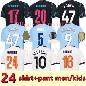 23 24 Haaland Soccer Jersey de Bruyne Grealish Mans Cities Sterling Mahrez Foden fans Player Version 2024 Football Tops Pants Shirt Kids Set Sets Equipment