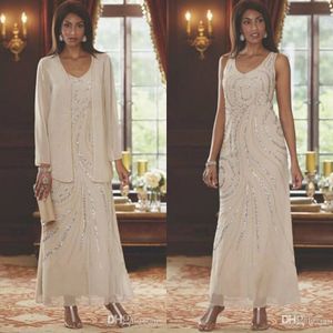 Elegante Mutter der Brautkleider mit Jacke Perlen Pailletten Hochzeitsgastkleider 2020 Knöchel Länge Plus Größe Mutter 259o