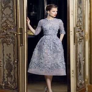 2020 Elie Saab Beautiful Applique Lace A-Line Formal Evening Dresses 3 4 Long Sleeve Tea Length Sexy Party Prom Dress Gowns Exquisite 1 227P