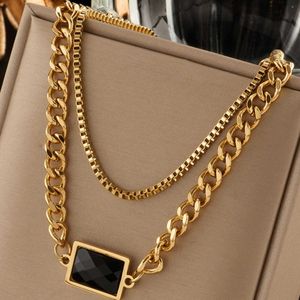 designer High end light luxury and simple rectangular black diamond double-layer titanium steel non fading chain necklace