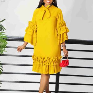 Urban Sexy Dresses Spring/Summer Fashion Solid Color Dress Womens Sexy Lace Up Flash Sleeves Ruffled Dress Elegant Commuter Dress WomensL2405