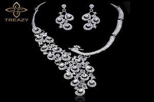 Luxury Silver Color Crystal Bride Wedding Jewelry Set Charm Peacock Design Necklace Earrings Set Women Bridal Party Jewelry D181009978366