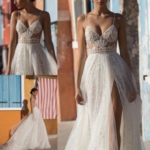 2019 Gali Karten Beach Wedding Dresses Side Split Spaghetti Illusion Sexig Boho Bröllopsklänningar Sop Train Pearls Backless Bohemian Bride 3033