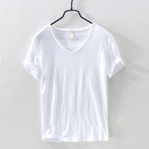 Лето 100% хлопковая футболка для мужчин V-образное сплошное цветовая повседневная футболка базовые футболки плюс размер топы с коротким рукавом Y2449 240506