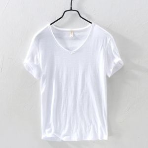 Sommar 100% bomullst-shirt män v-ringning fast färg casual t-shirt grundläggande tees plus size korta hylsa toppar y2449 240506