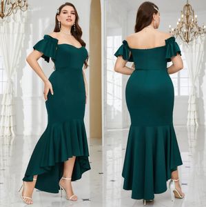 Dark Green Mermaid Plus Size Prom Dresses For Special Occasion Off The Shoulder Neck Evening Gowns Ankle Length Satin Formal Dress