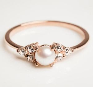 14KC Rose Gold lub Plisted Pierścionek zaręczynowy Pierścionki Pearl Wedding CZ Crystal Dainty Stacking Band Pierścień Pearl Jewelry3274158