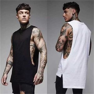 Tanques masculinos tops de moda casual tanque de moda de ginástica treino de algodão camisa sleveless roupas de verão masculino extenso singlet hip hop colete t240508