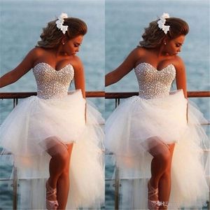 2017 New Style Sweetheart Bling White High Low Low Puffy Prom Dresses Short Front Long Back Party 가운 진주 291b