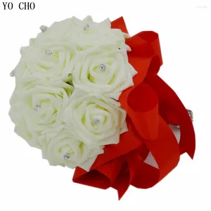 Decorative Flowers Hand Made Ivory White Wedding Bouquet Red Silk Crystal Bridal Rhinestone Supplies Rose Flower Wholesale