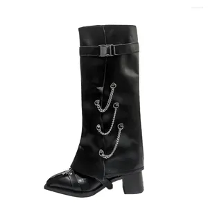 Botas outono Winter Fashion Metal Chain Women Knee High Black Poened Beda de calcanhar lateral lateral zíper street strey Lady Shoes Long Shoes