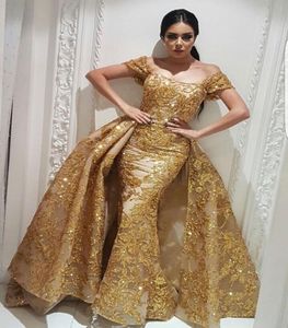 Yousef Aljasmi Evening Wear Dresses Mermaid Prom Dress with Gold Sequins Lace Detachable Overskirt Train Sparkly Dubai Arabic Occa7260698